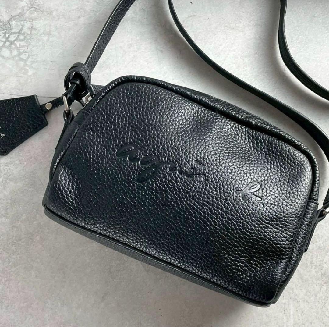 未使用級 アニエスベー クロスボディ ショルダーバッグ カメラバッグ ロゴ 牛革