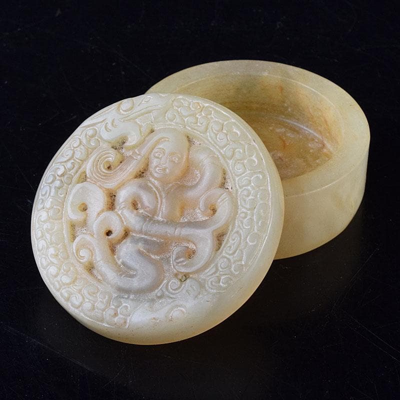 中国　玉石白玉彫刻　人物彫　盒子　蓋物　C　R8624