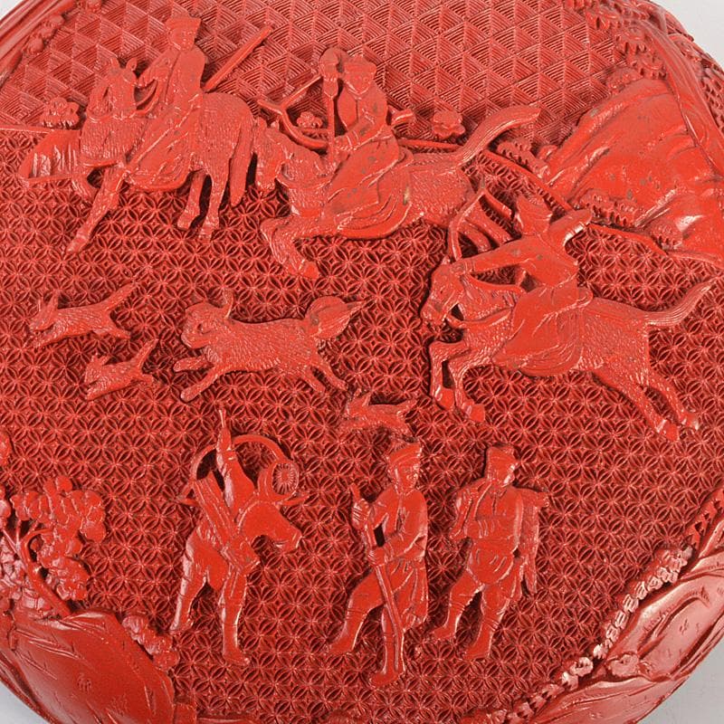 中国　堆朱風　山水人物文　蓋物　V　6442