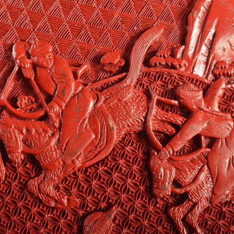 中国　堆朱風　山水人物文　蓋物　V　6442