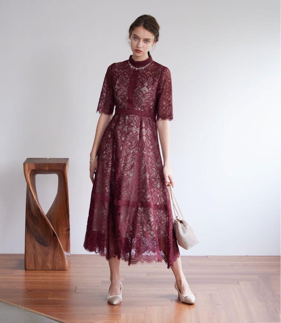 Dorry Doll 配色レース×ハシゴレース切り替えワンピースドレス ボルドー