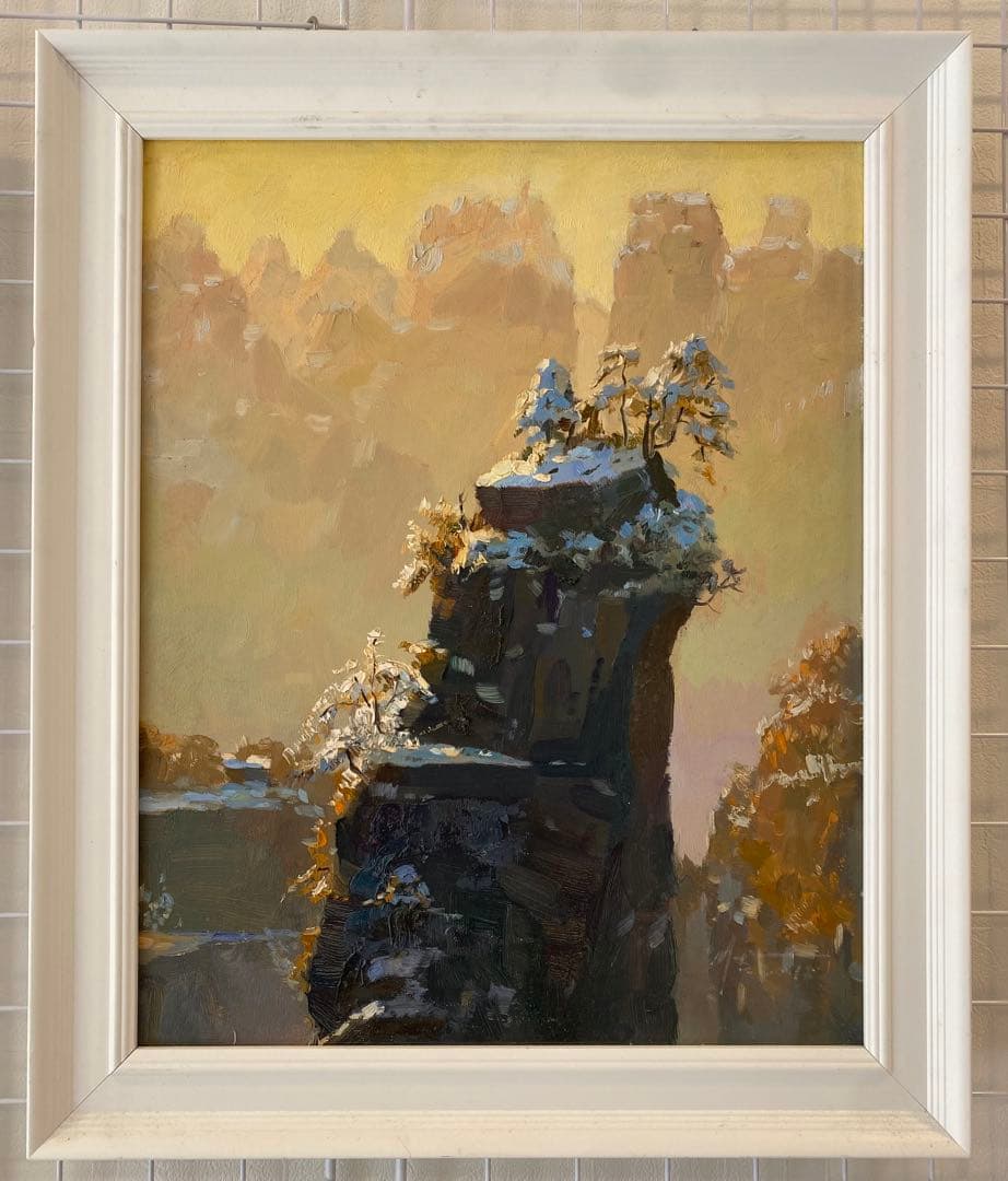 油彩画 山の風景 ホワイトフレーム