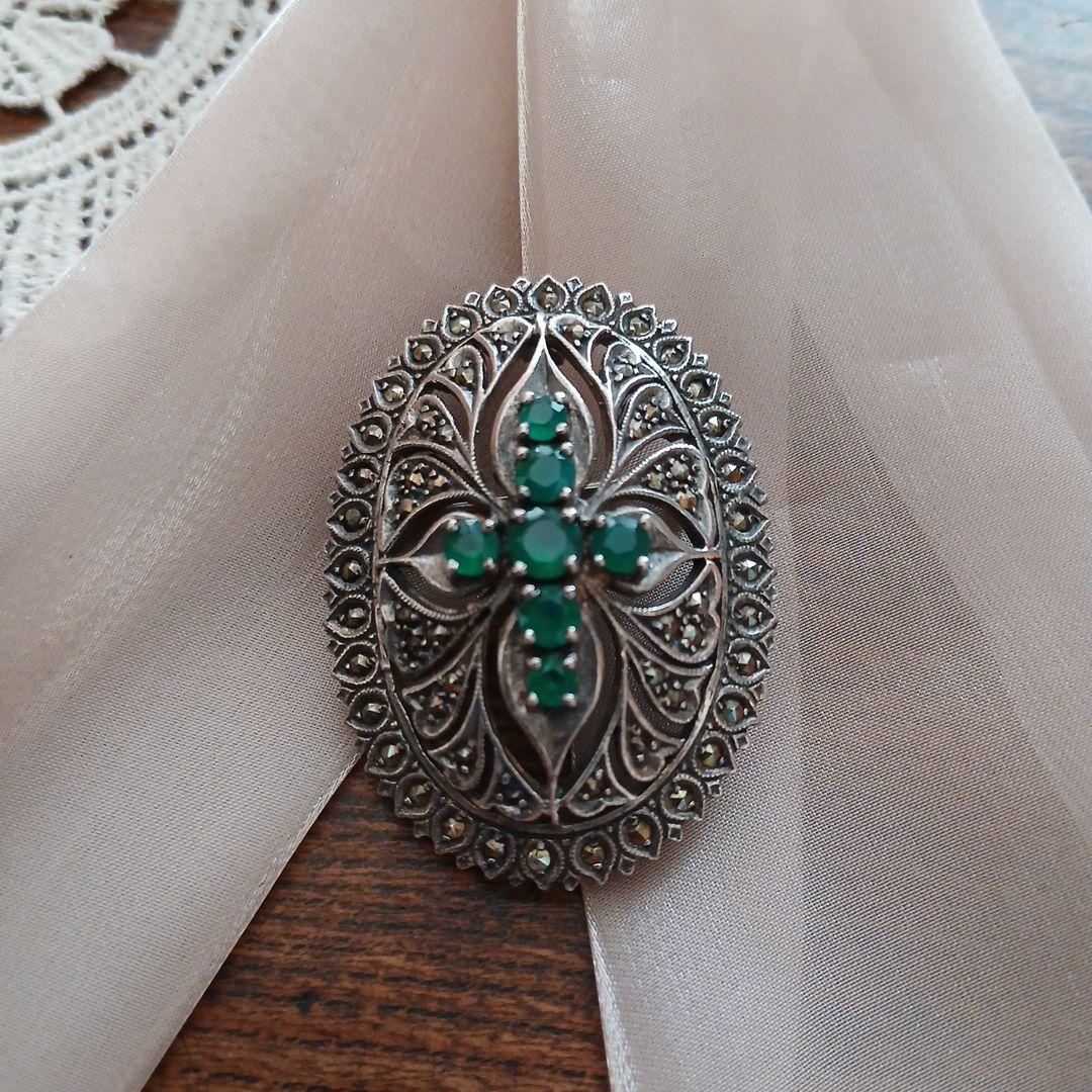 シルバー925 マーカサイト クロス デザイン ブローチ、ペンダント兼用 レトロ