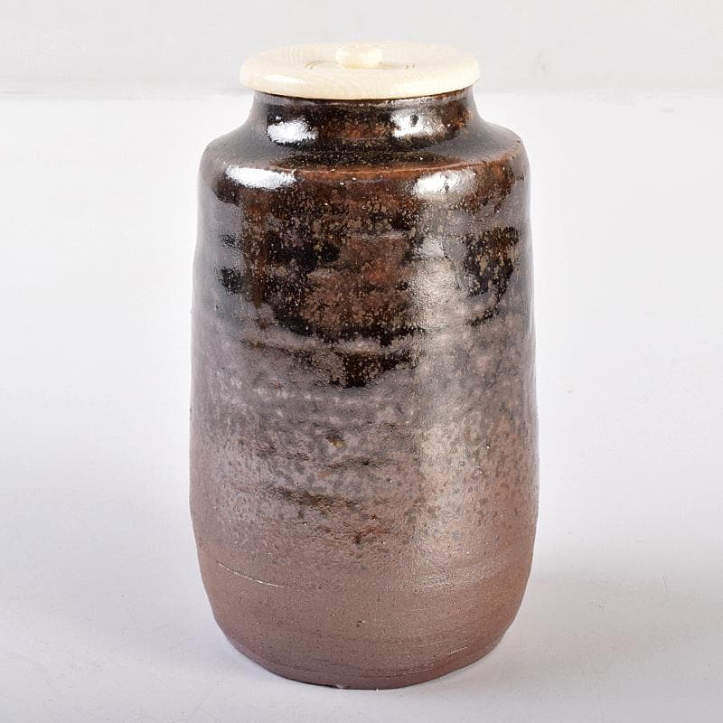 丹波焼　森本陶谷作　肩衝茶入　古代名物裂　黄地真田入間道仕覆　共箱　VR7563