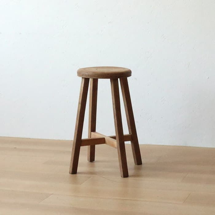 Cアンティーク 木製 無塗装 無垢材 丸スツール 古家具 ナラ ブナ