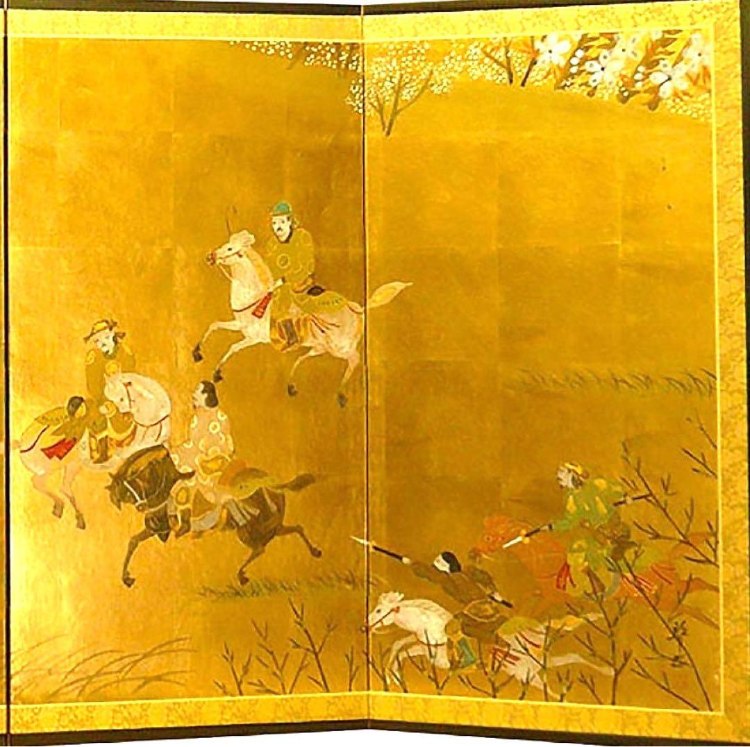 四つ折り屏風　日本画　金箔彩色　蒙古襲来図