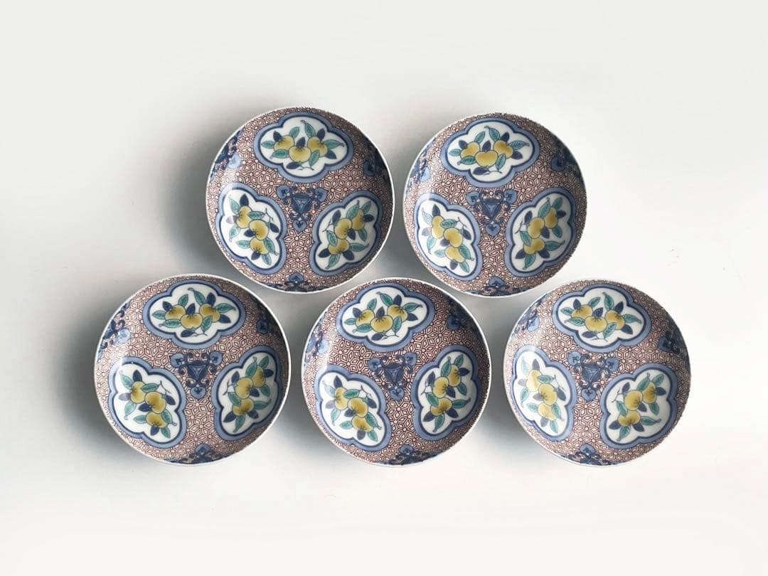 陶芸家　人間国宝　今泉今右衛門　染錦　三方割橘文　皿　5枚揃　鍋島写　鍋島焼