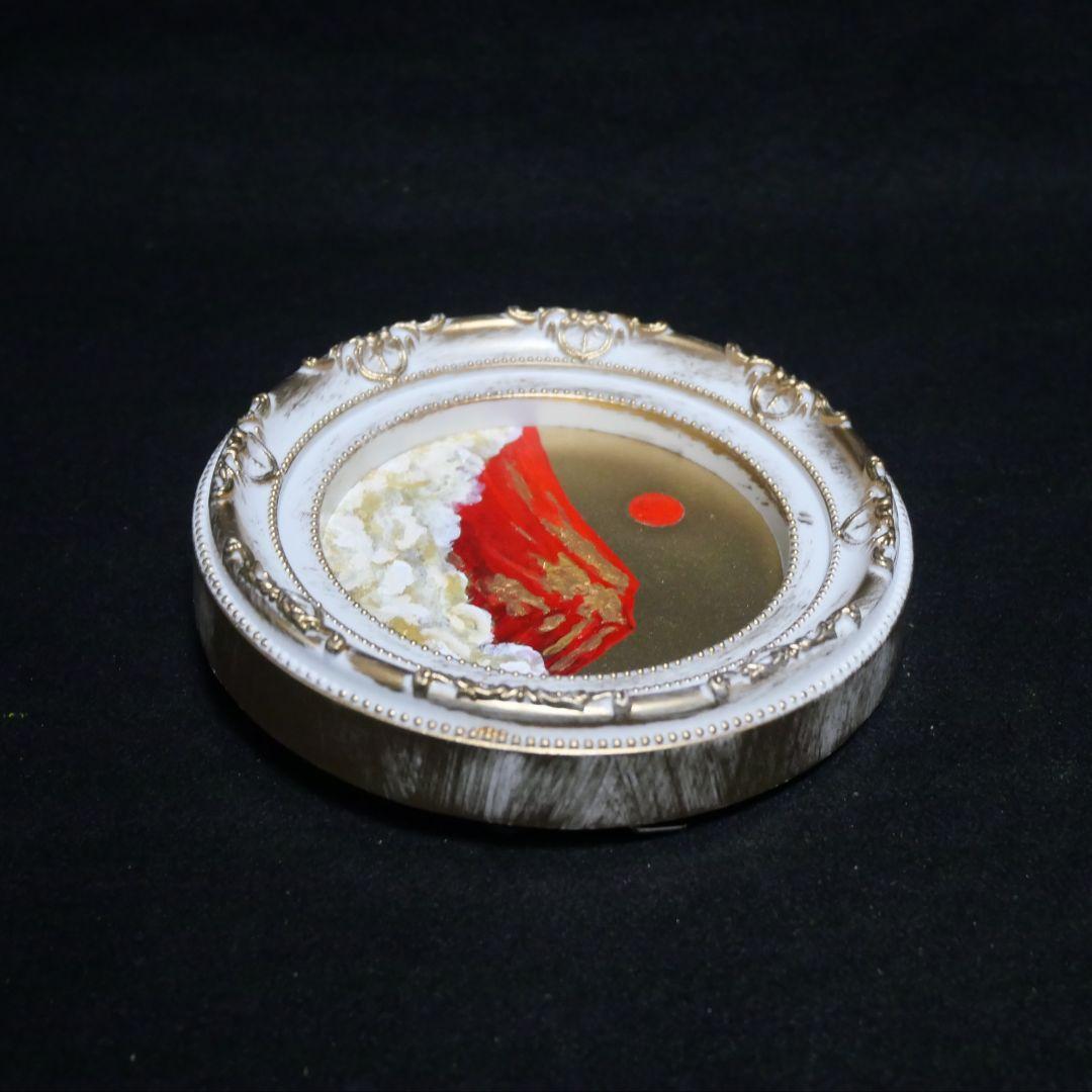 油絵 油彩 油彩画 絵 絵画 円形ミニ絵画 【赤富士】【金】