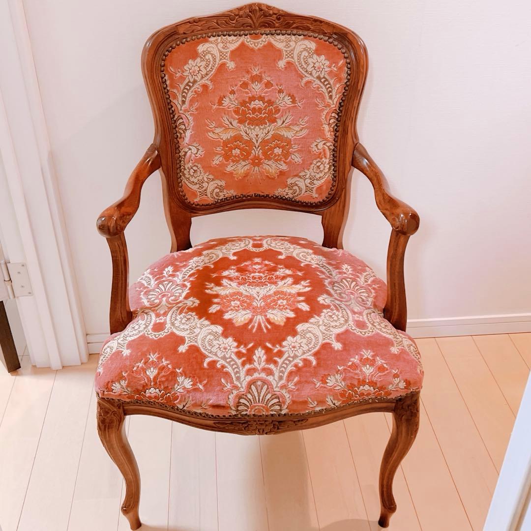 アンティークチェア　肘付き　ロココ調　猫足　ヴィンテージ　ピンク　イス　金華山張
