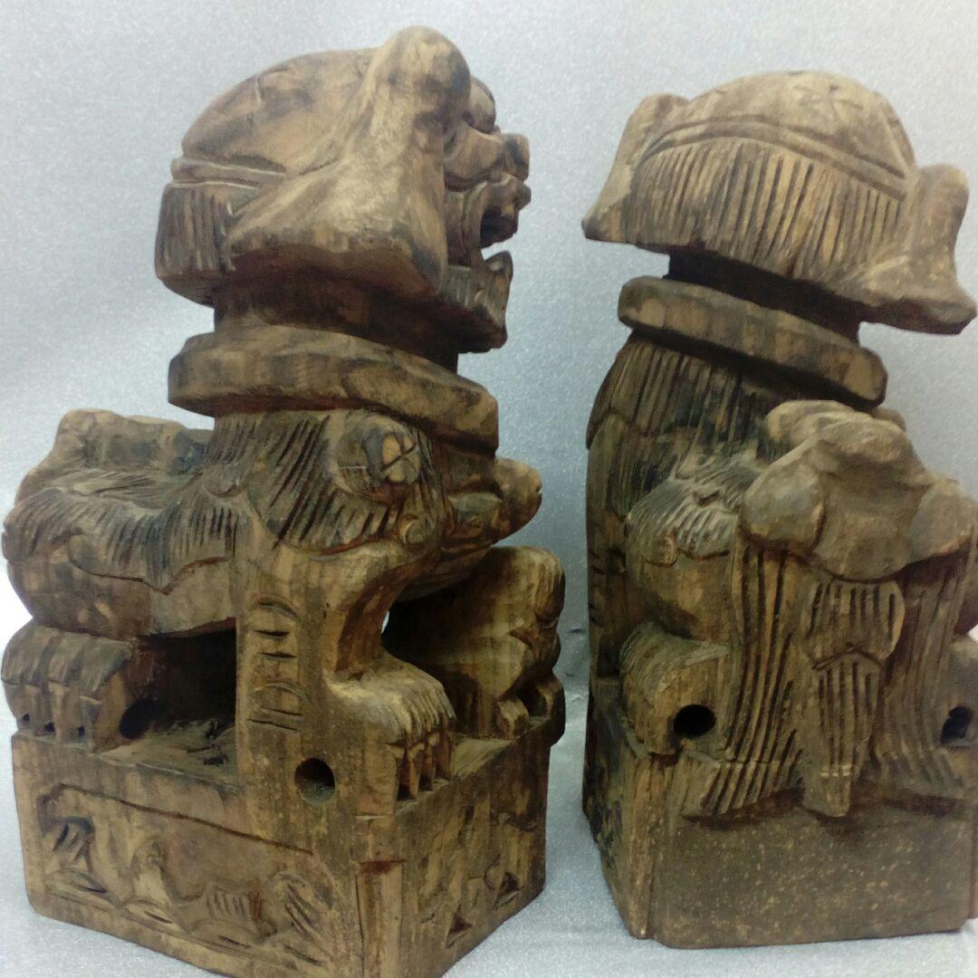 仏教古美術中国朝鮮方面江戸期頃細密造形木彫ニ対獅子２５〜２７センチ寺社仏閣当時物