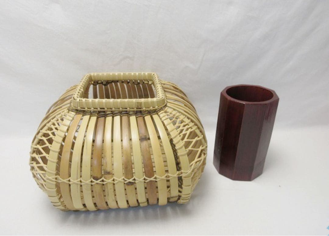 ほぼ未使用 華道具 竹心斎造 花籠 竹おとし付 花器 和室 竹細工 共布 共箱