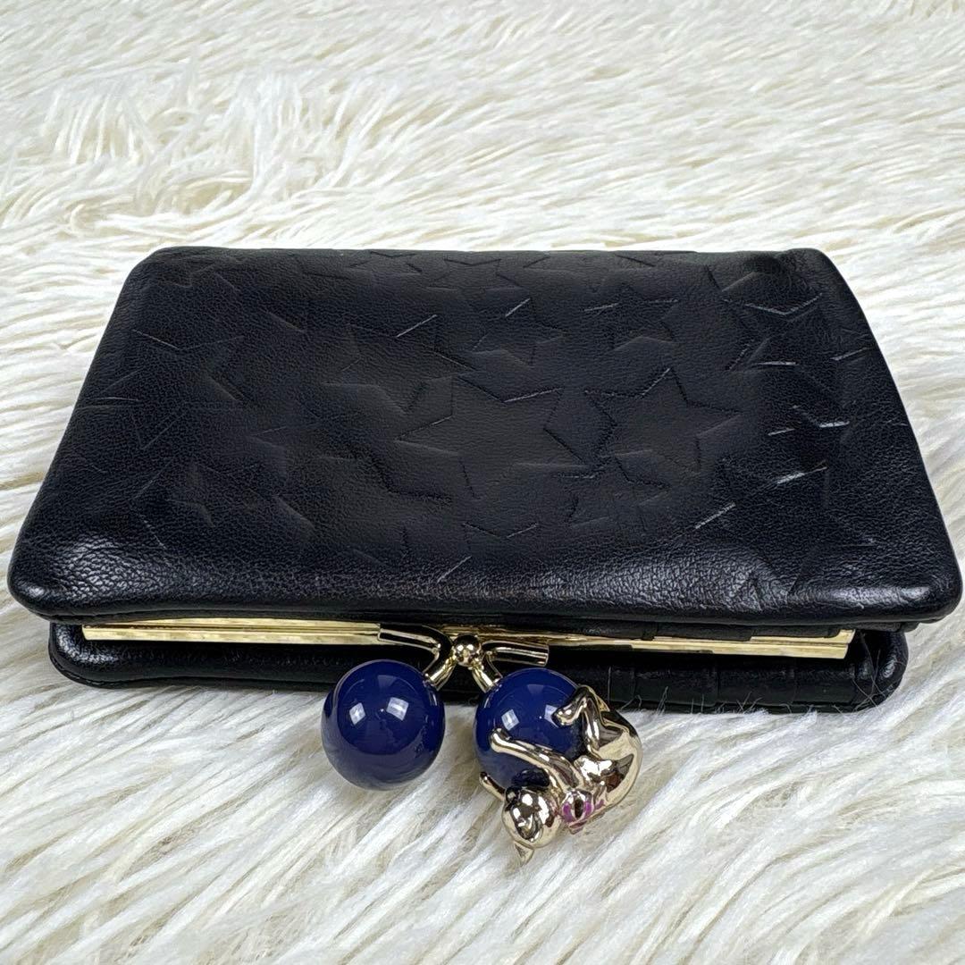 美品、アナスイ、ANNA SUI、ネコ、蝶々、スター柄、二つ折り財布、がま口、黒