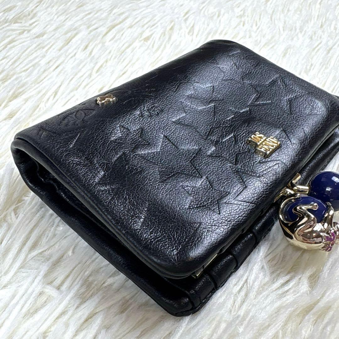 美品、アナスイ、ANNA SUI、ネコ、蝶々、スター柄、二つ折り財布、がま口、黒