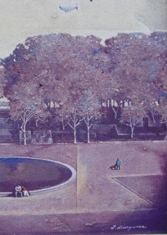 本山唯雄、【広場の午後】、希少な額装用画集より、新品額装付、状態良好