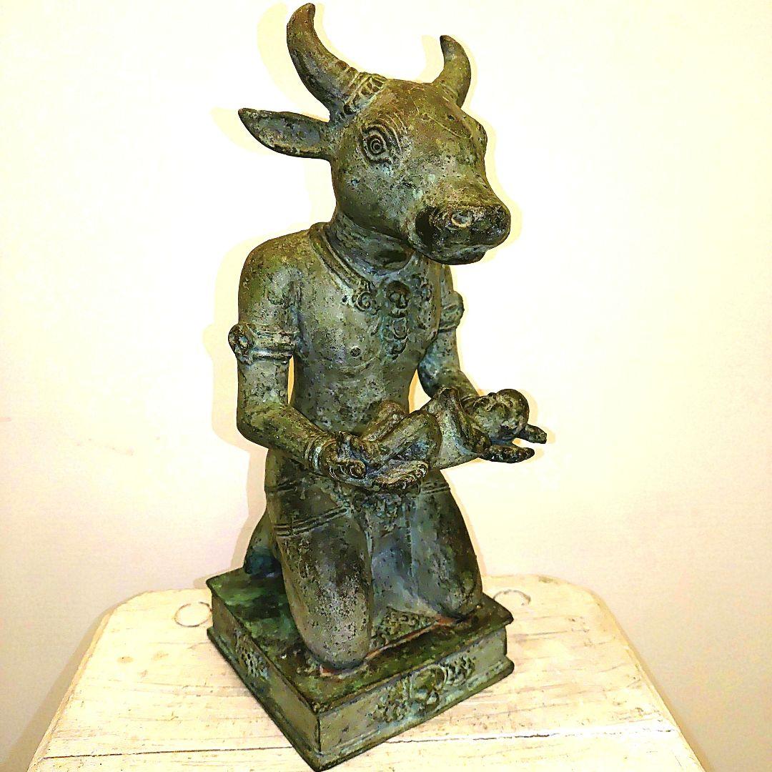 青銅 牛頭人型 彫刻 約28cm　チベット仏教の牛頭法王