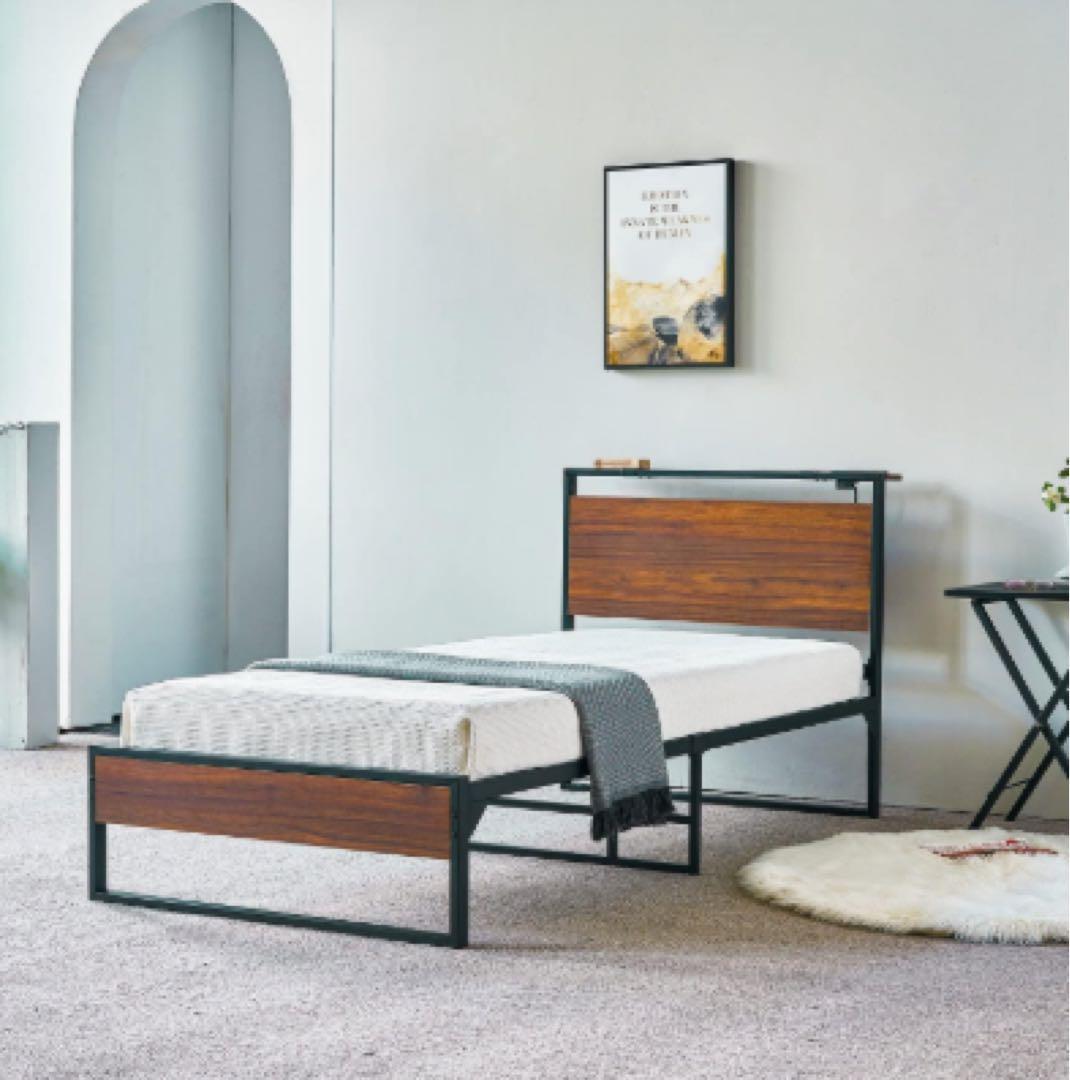 シングルベッドフレーム スチール・木製ヘッドボード