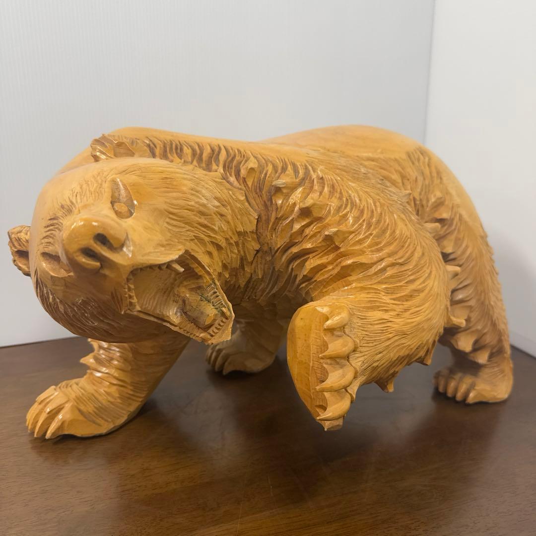 【希少】 木彫り 熊 一刀彫 怒り熊 置物 全長約40cm 工芸品