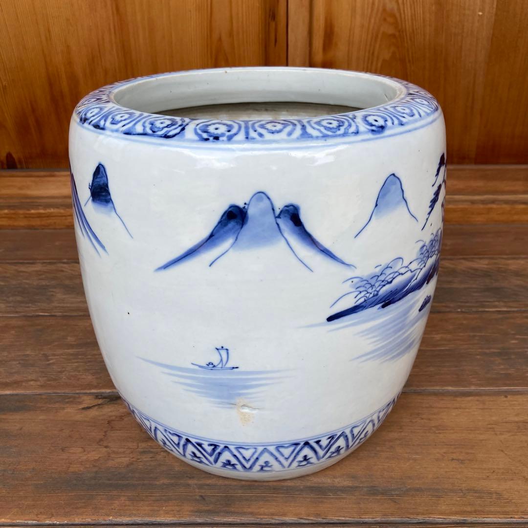 染付　レトロ　アンティーク　火鉢　陶磁器　古民具　希少　金魚鉢　手作り　昭和