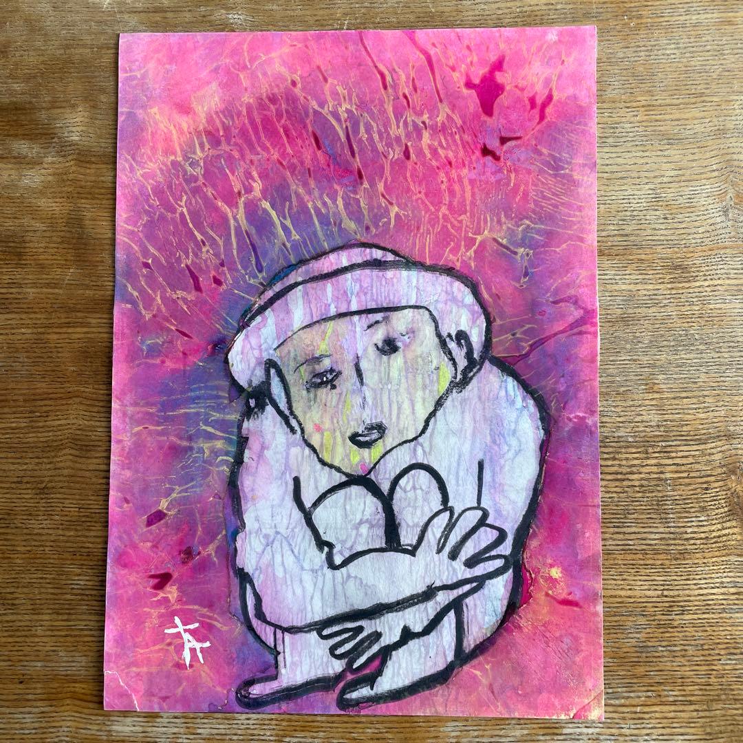 友川かずき 肉筆画　ホタルの川で遊ぶ