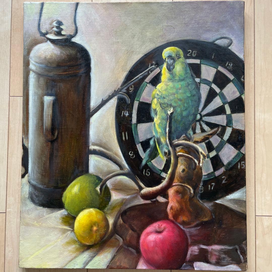 オウムと果物の油彩画 F8サイズ