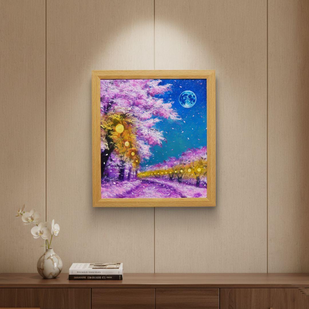 油絵 油彩 油彩画 絵 絵画【夜桜と青い満月】