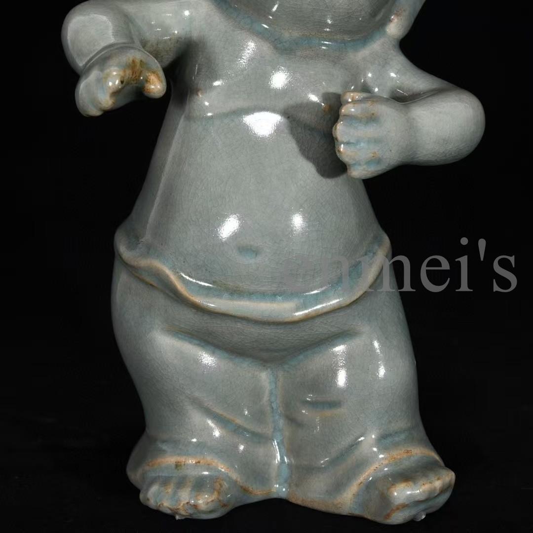 中国古美術・宋汝窯風 淡青釉 童子人形 3体セット・陶器製・文房置物・賞物