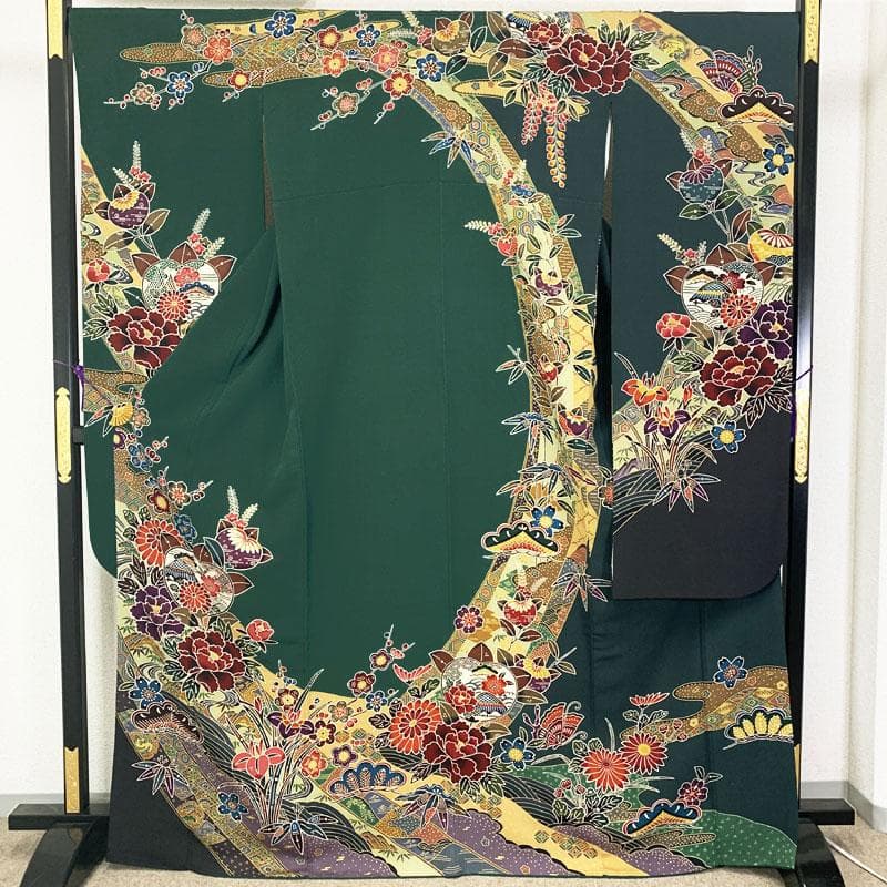506z23☆きものやまと 紅型振袖 古典柄 ちりめん 緑☆美品 成人式 結婚式