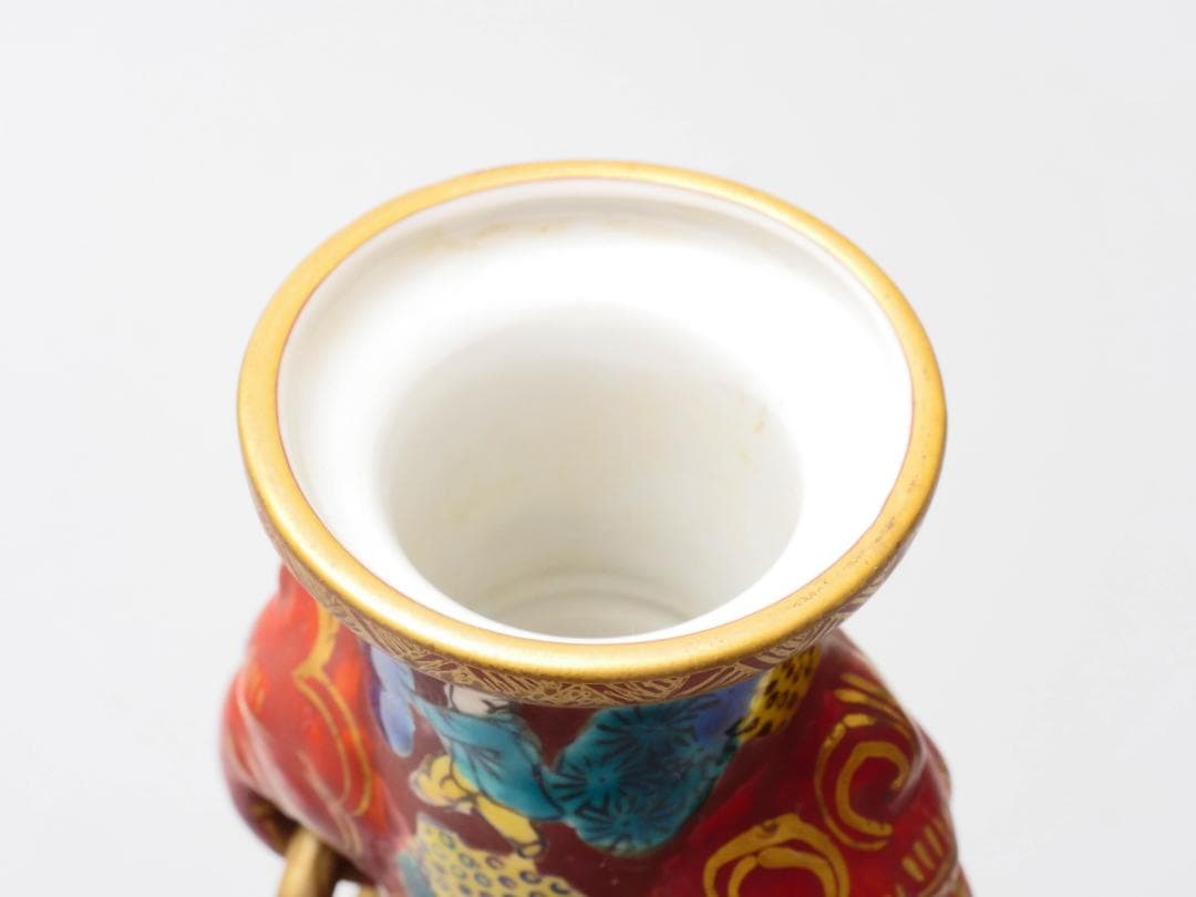 青木木米作 九谷焼 色絵金彩松賢人図 象双耳遊環花瓶 高さ23.5cm