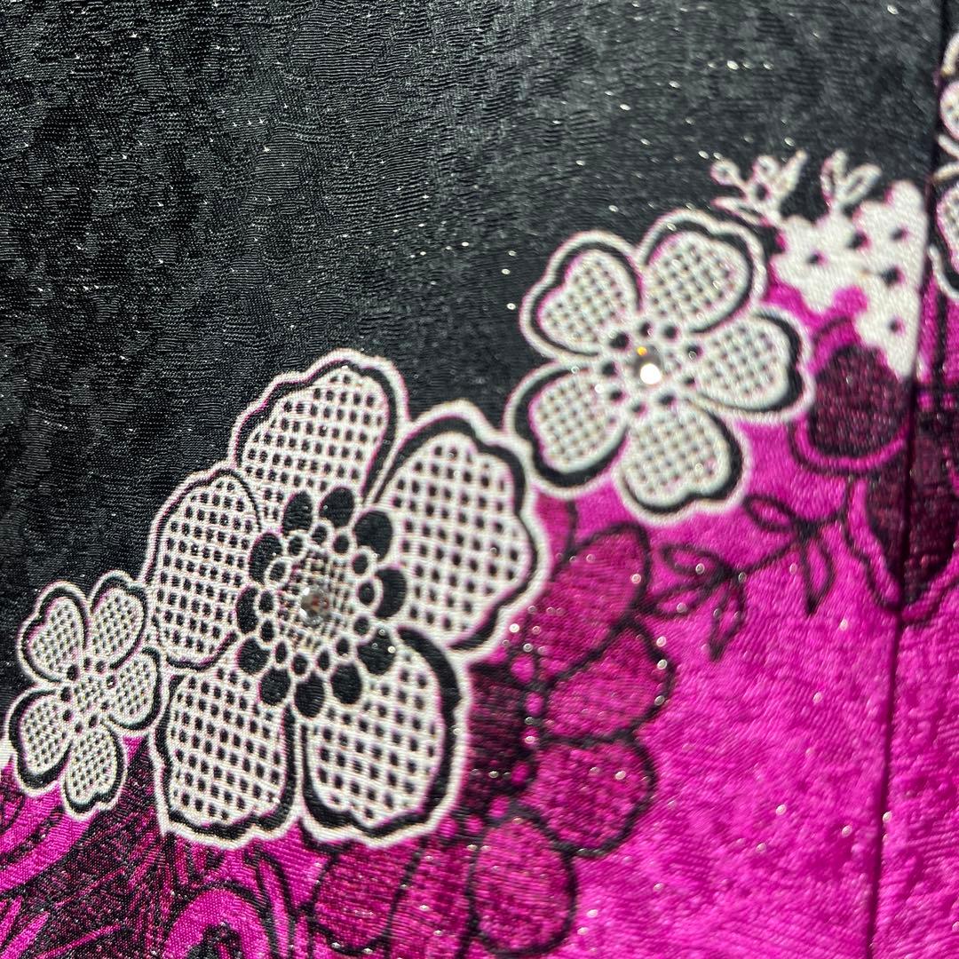 振袖　正絹　成人式　黒　ローズピンク