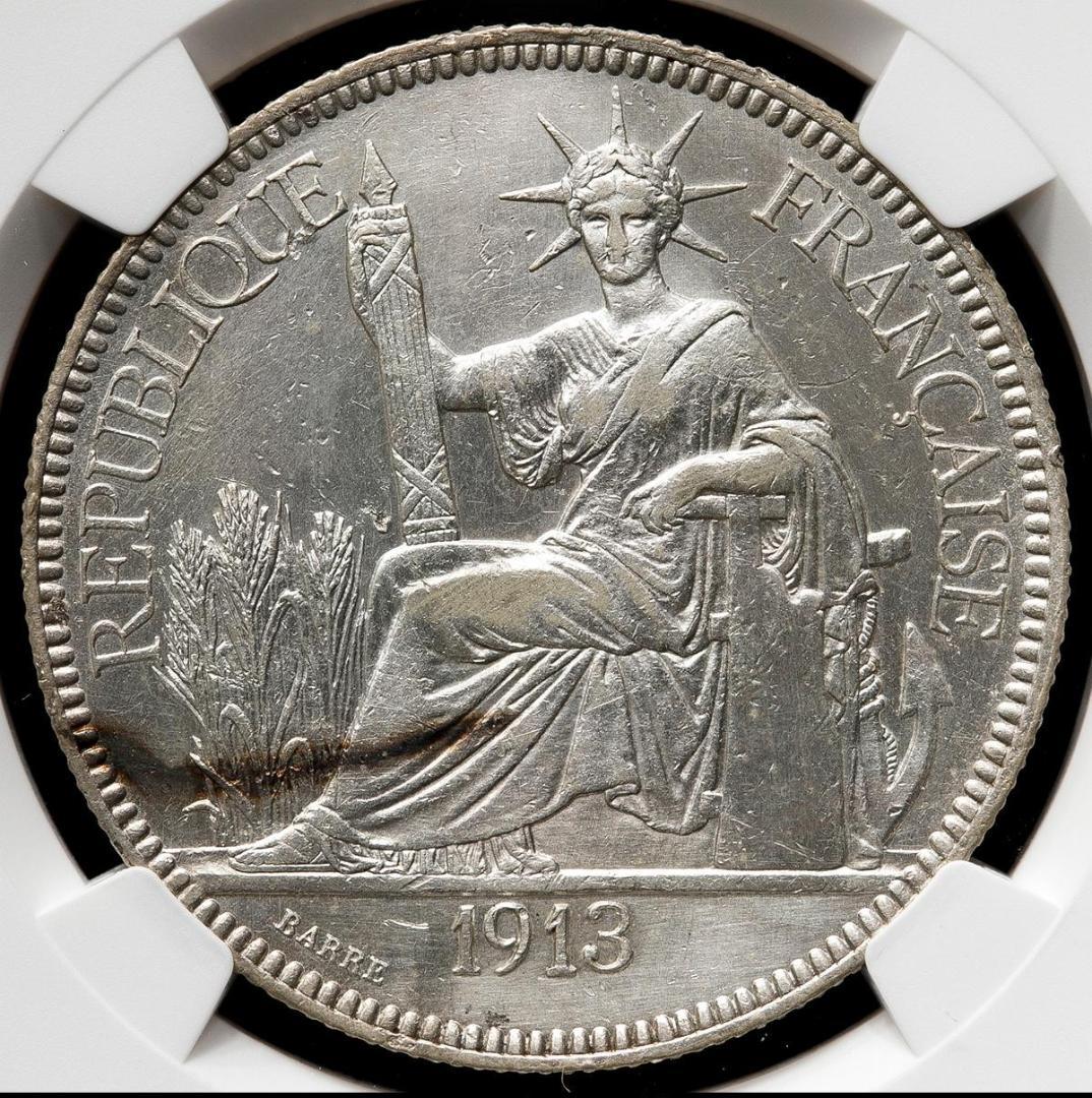 NGC-AU 1913A 洗浄 フランス領インドシナ ピアストル 銀貨女神座像