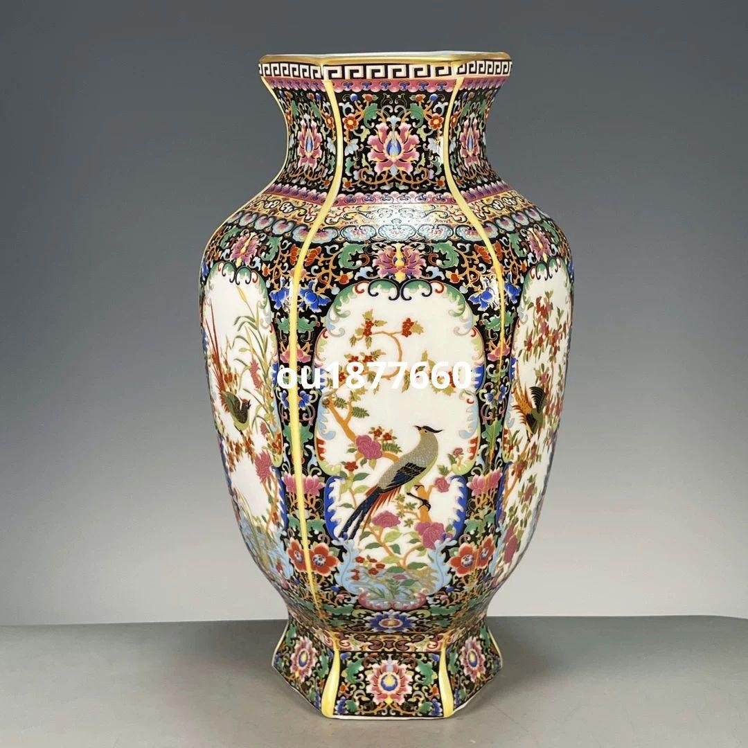 琺瑯彩六面開窓花鳥賞瓶 景徳鎮 陶磁器 装飾品 現代工芸品 美術品 置物