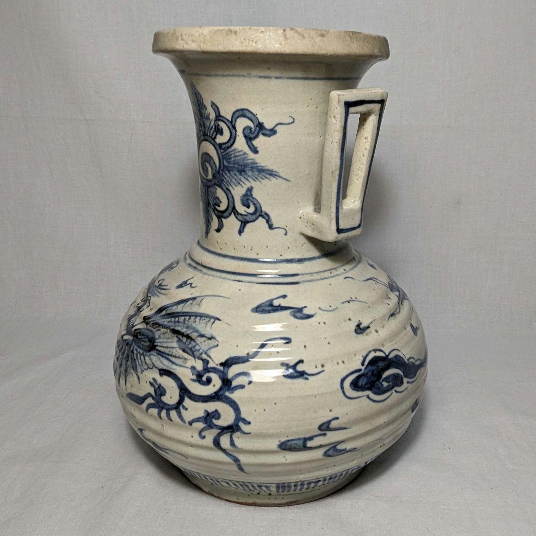 明治大正期 伊万里焼 染付雲龍文耳付花瓶 有田焼 花入 花器 フラワーベース