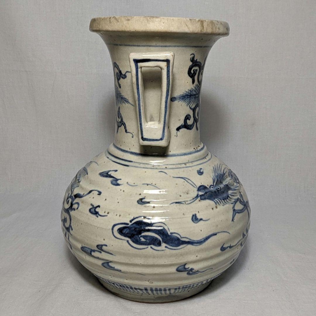 明治大正期 伊万里焼 染付雲龍文耳付花瓶 有田焼 花入 花器 フラワーベース