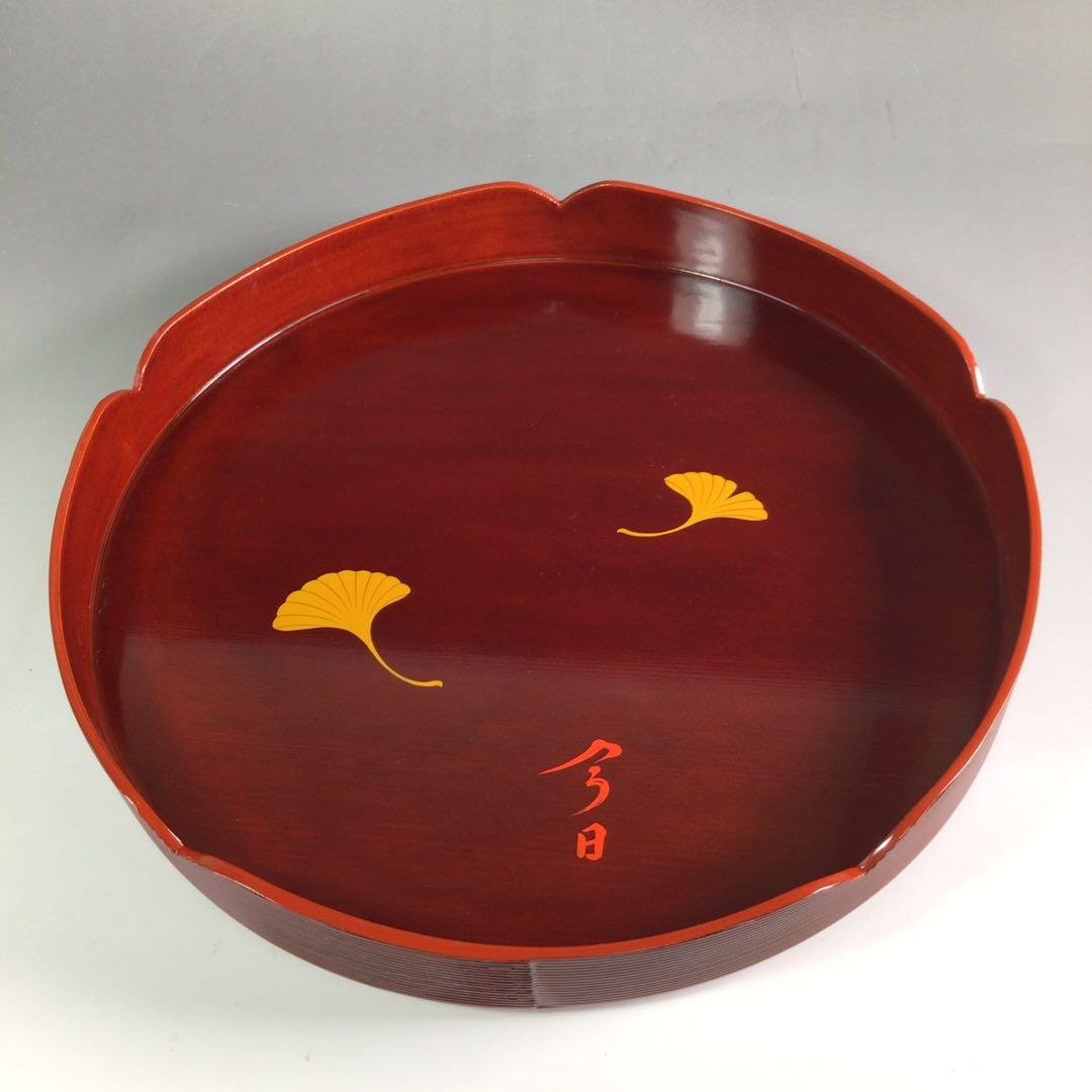 Ｒ３５６　千歳盆　『塗師　川瀬表完作』『花押』『銀杏蒔絵』　共箱　茶道具