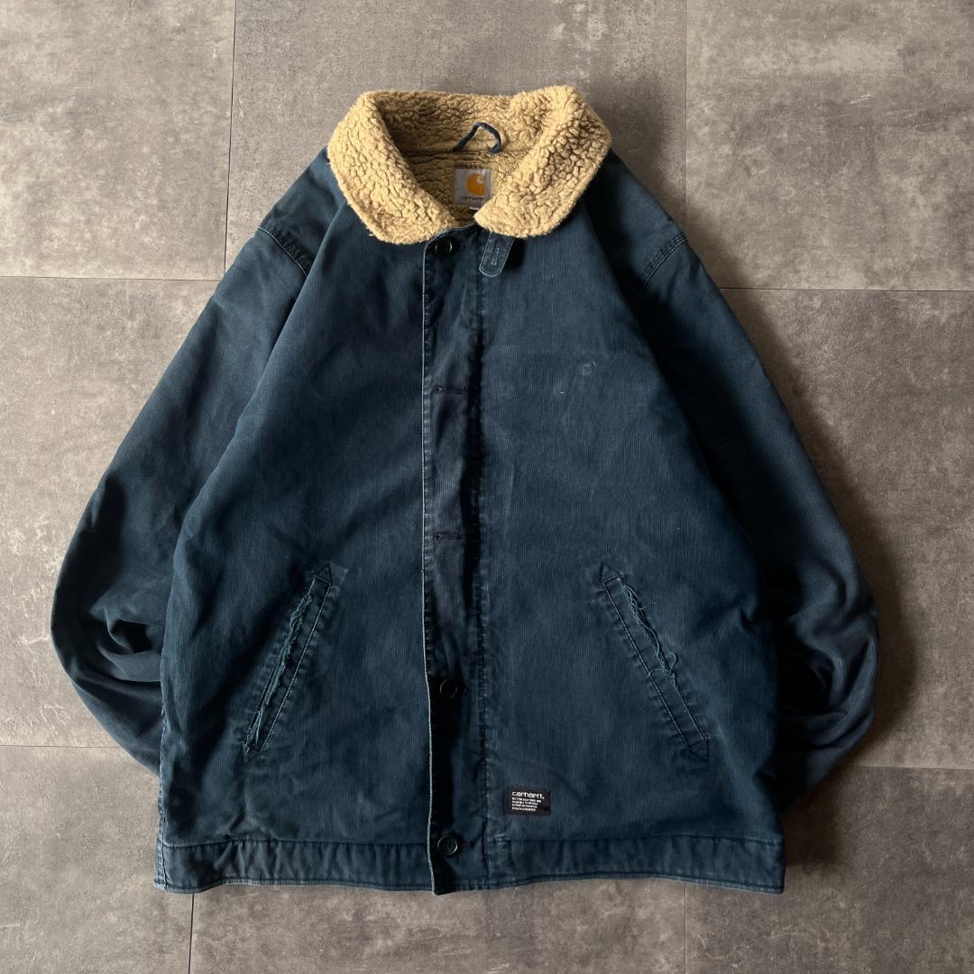 00s Carhartt ダック地デッキジャケット 紺 XL A691 裏ボア