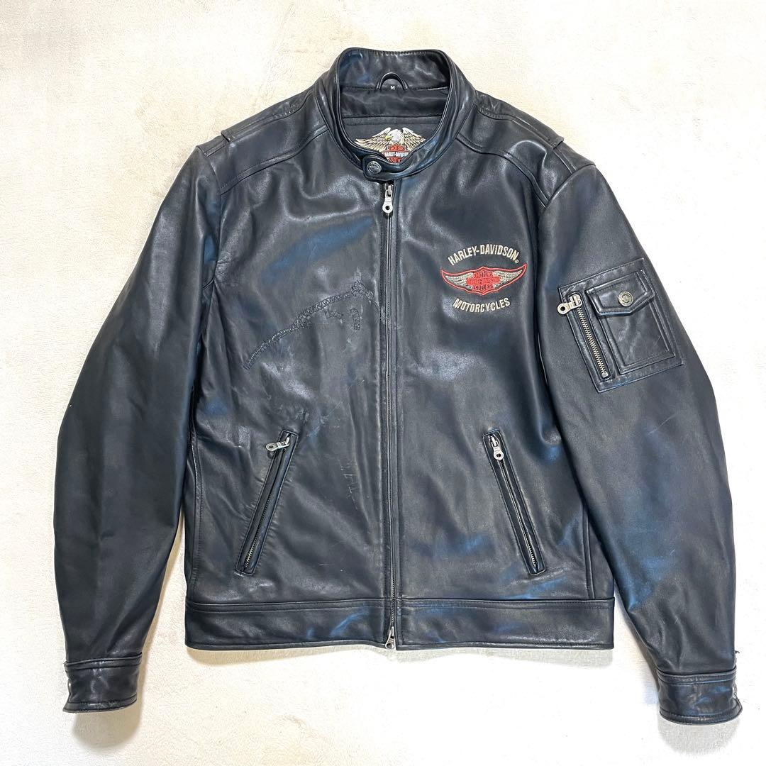 HARLEYDAVIDSON レザージャケット　シングルライダース　刺繍ロゴ M