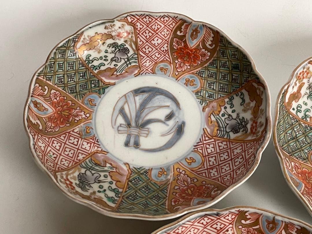 骨董　アンティーク　金襴手　輪花縁　小皿　稲穂文様　5枚