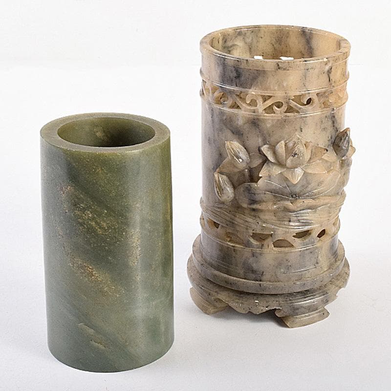 中国　玉石彫刻　蓮刻　玉器　筆筒　二点まとめて　C　R7634