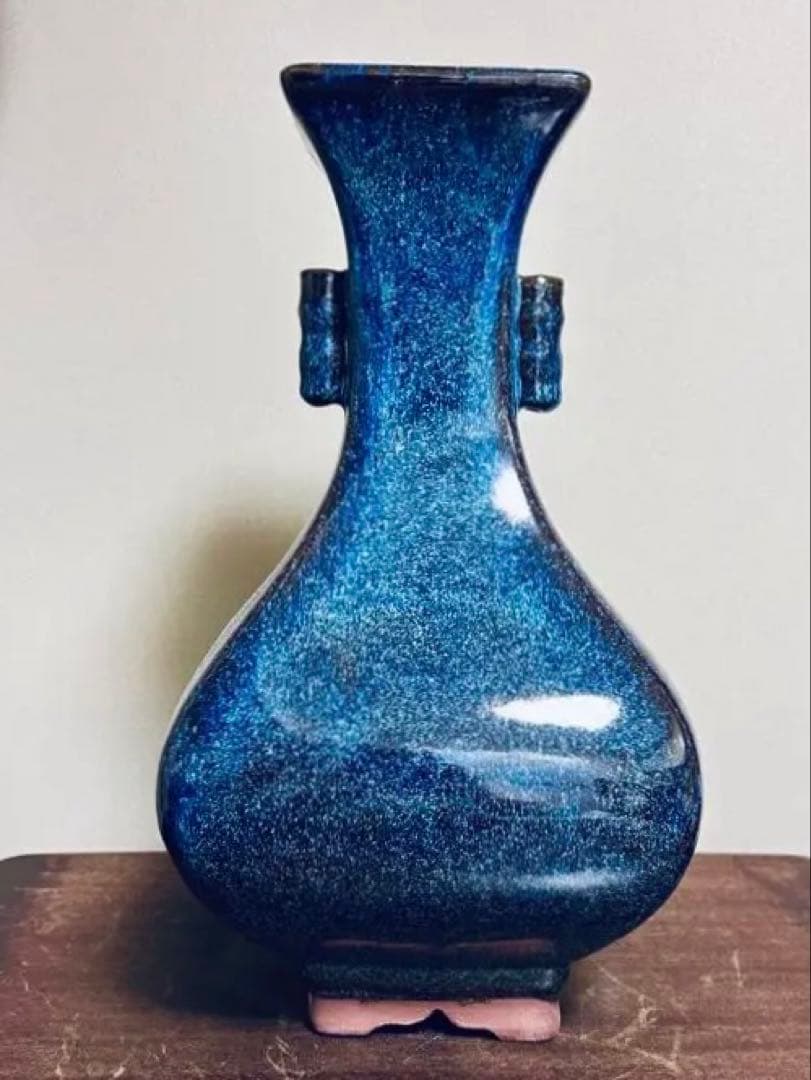 中国骨董品　宜興窯　海鼠釉 雙耳花瓶