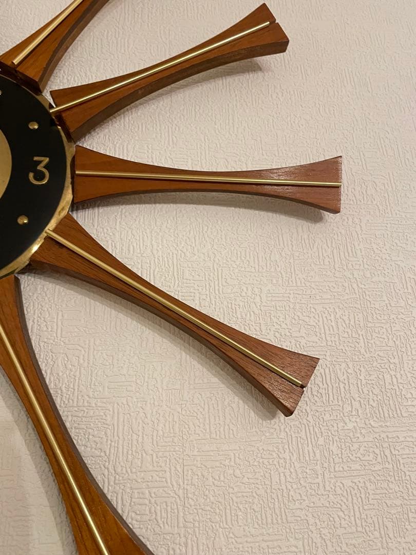 米国 フォレストビル チーク材 真鍮 60s サンバーストクロック 壁掛け時計