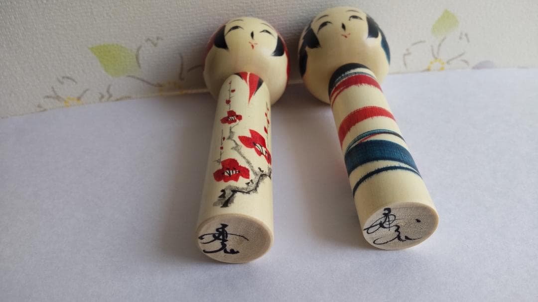 佐藤康弘インディゴこけし２体セット　高さ6.1ｃｍ 花柄 ストライプ