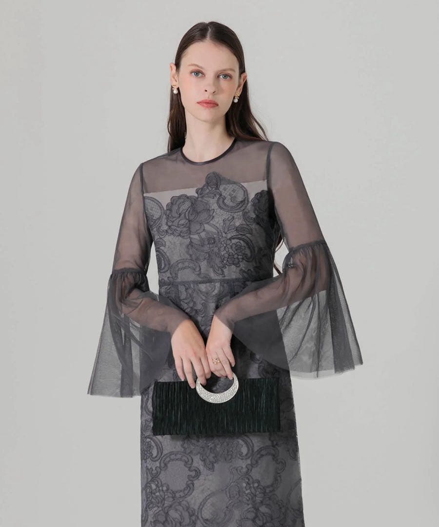 Leja シアープリーツスリーブIラインワンピースドレス グレー レーススリット