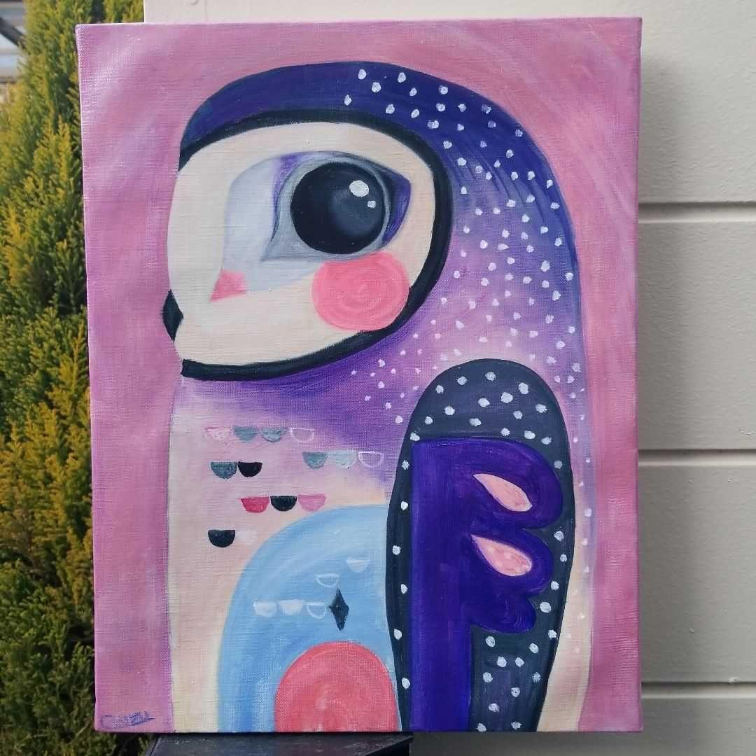 キャンバス油絵　シー　横顔もかわいい福を呼ぶふくろう　おもしろ現代アート風