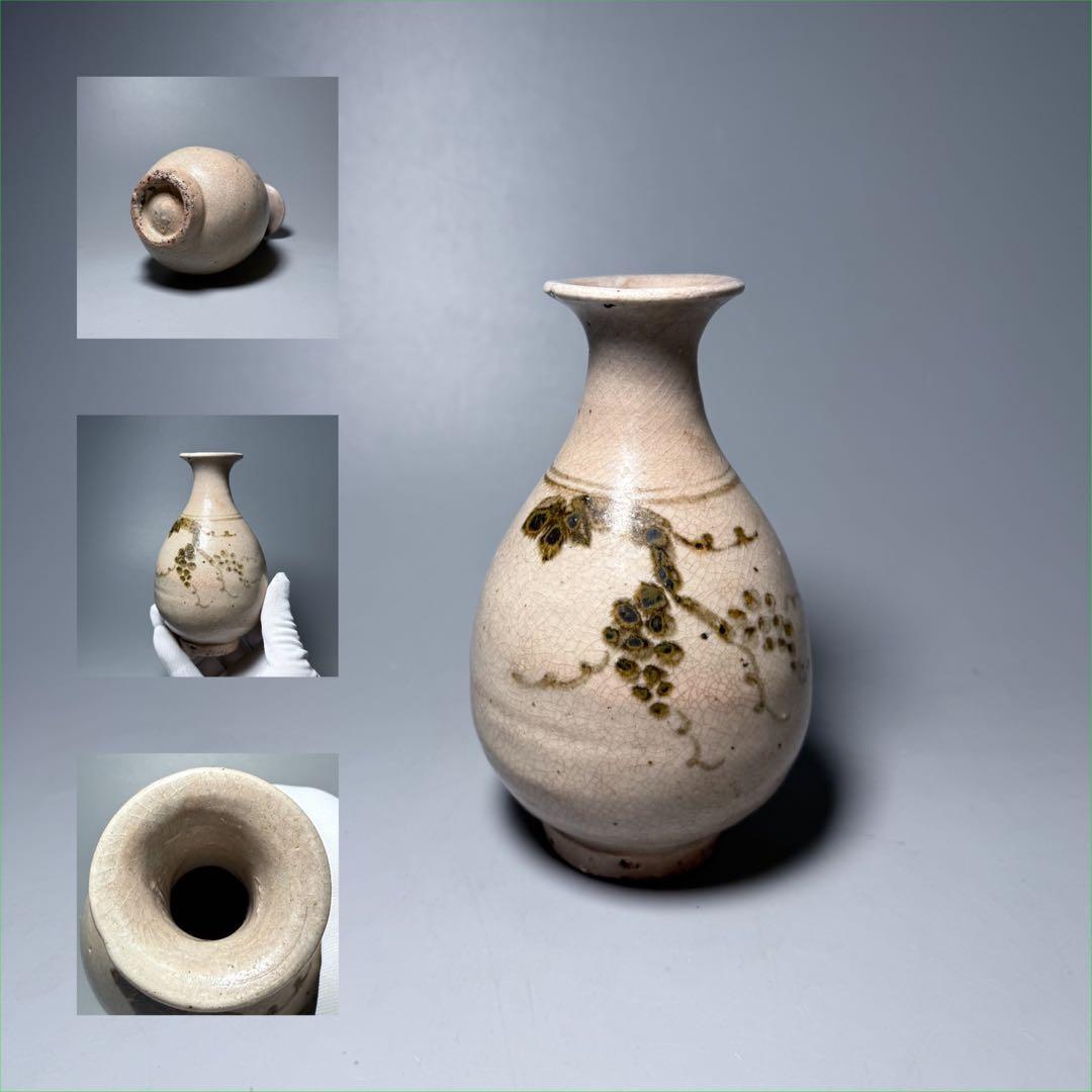 李朝　粉青沙器　鉄絵葡萄文徳利　古美術　蒐集家放出品　高さ14cm　朝鮮美術