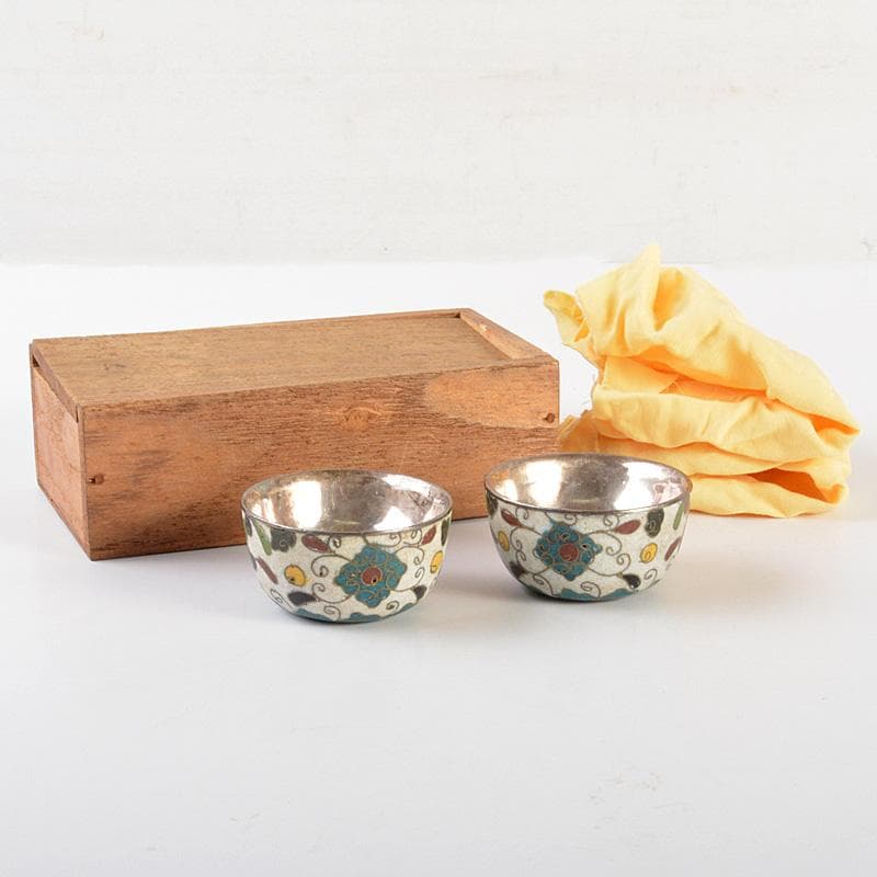 中国　唐物　古七宝内銀張　花草文　盃　一對　時代箱　M　6643