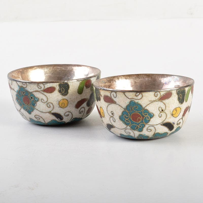 中国　唐物　古七宝内銀張　花草文　盃　一對　時代箱　M　6643