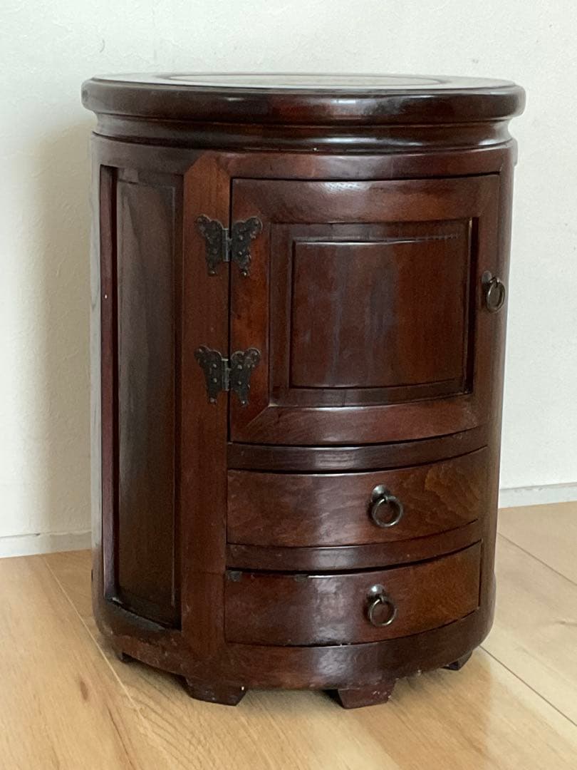 李朝家具　丸型スツール　蝶　蝶番　小引き出し付き　収納　椅子　サイドテーブル