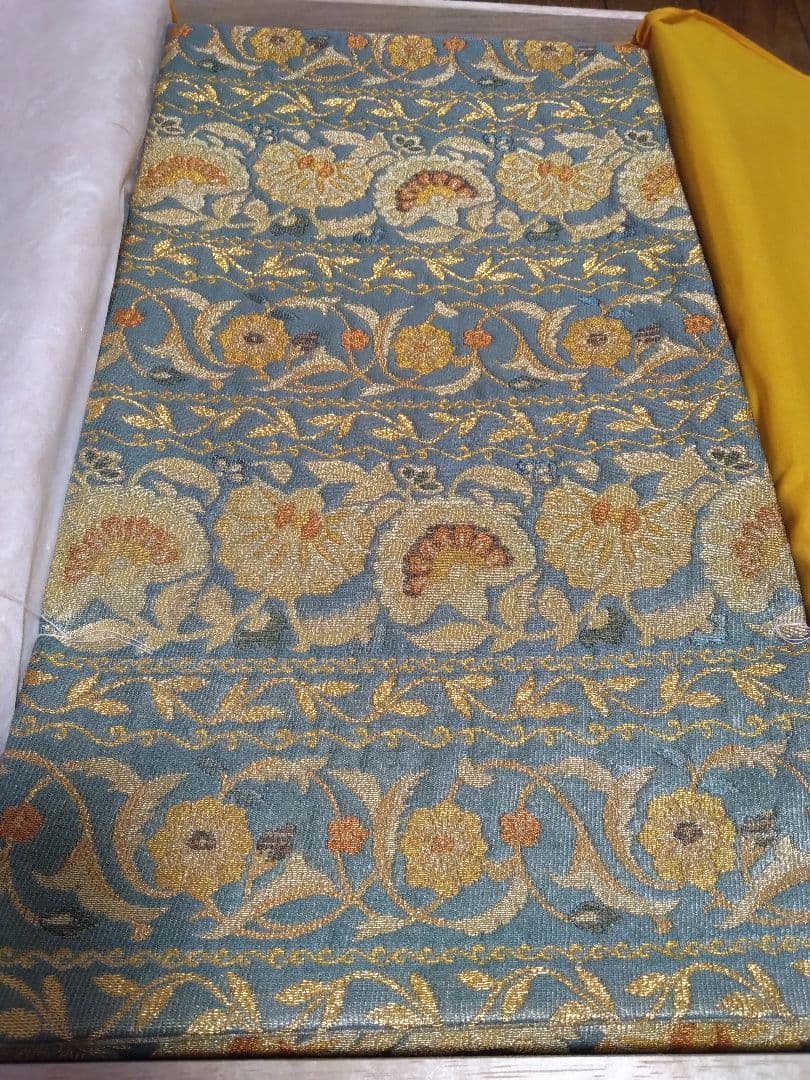 青色金色花柄 帯 専用箱付き