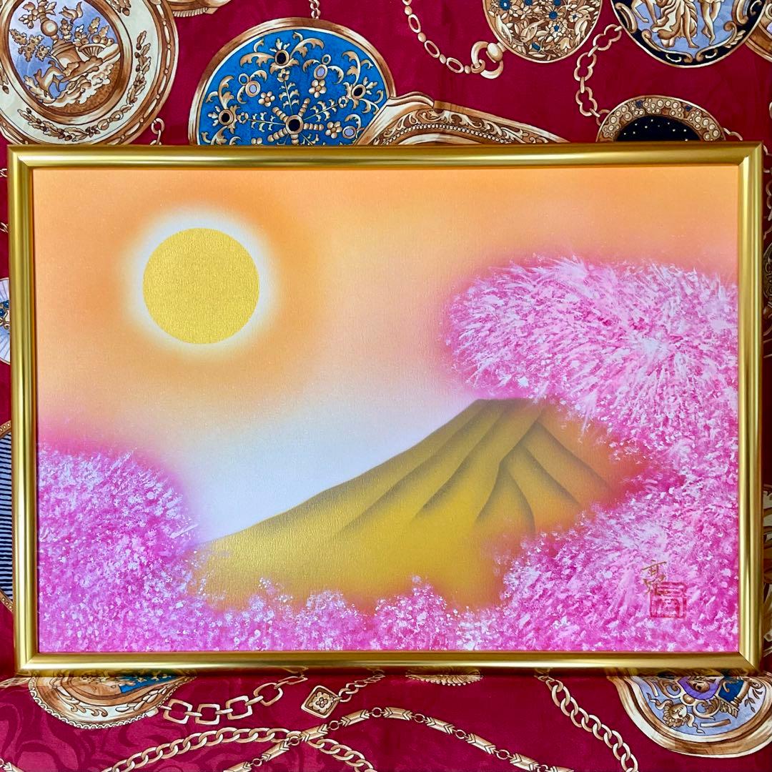 富士山開運絵画新春セール☆満開桜金富士A3サイズ額縁付運気上昇アクリル画原画