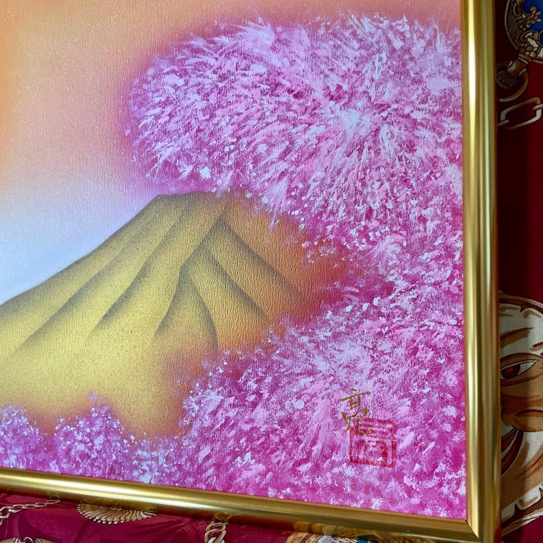富士山開運絵画新春セール☆満開桜金富士A3サイズ額縁付運気上昇アクリル画原画